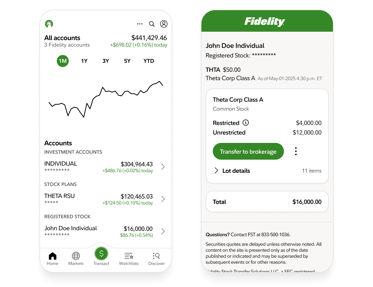 Two mobile interfaces, the first depicting a portfolio summary and line chart, the second showing stock values and a button to transfer shares to brokerage.