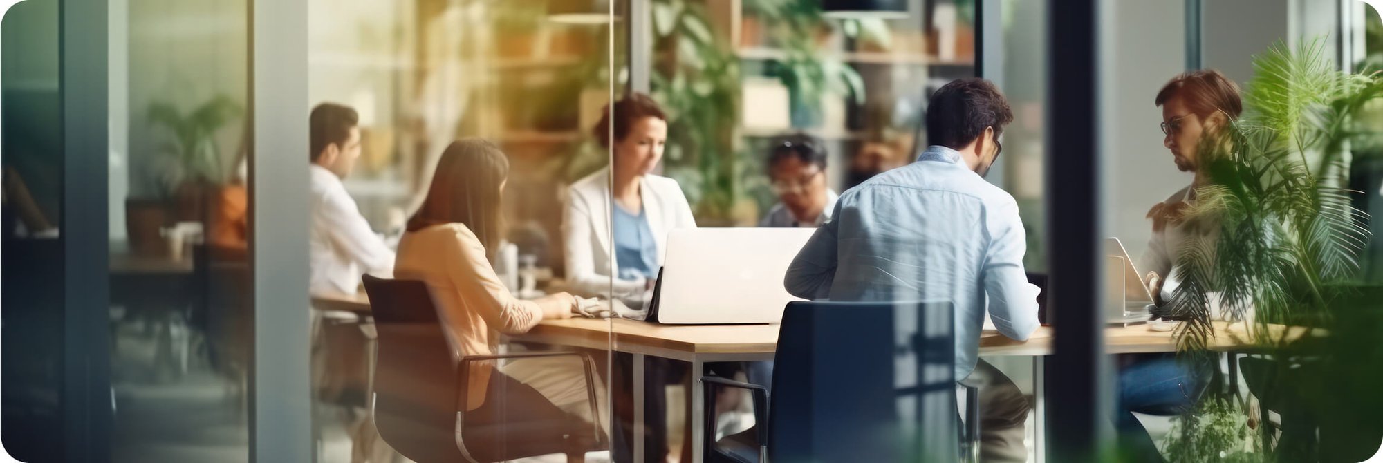 A photograph of a team working on their computers in a modern corporate environment